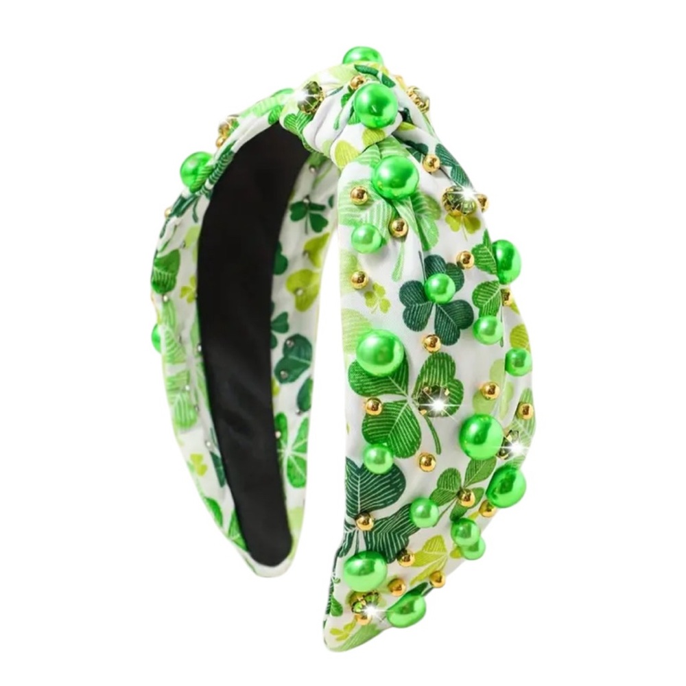 Green & Gold Beaded Striped Shamrock Headband
